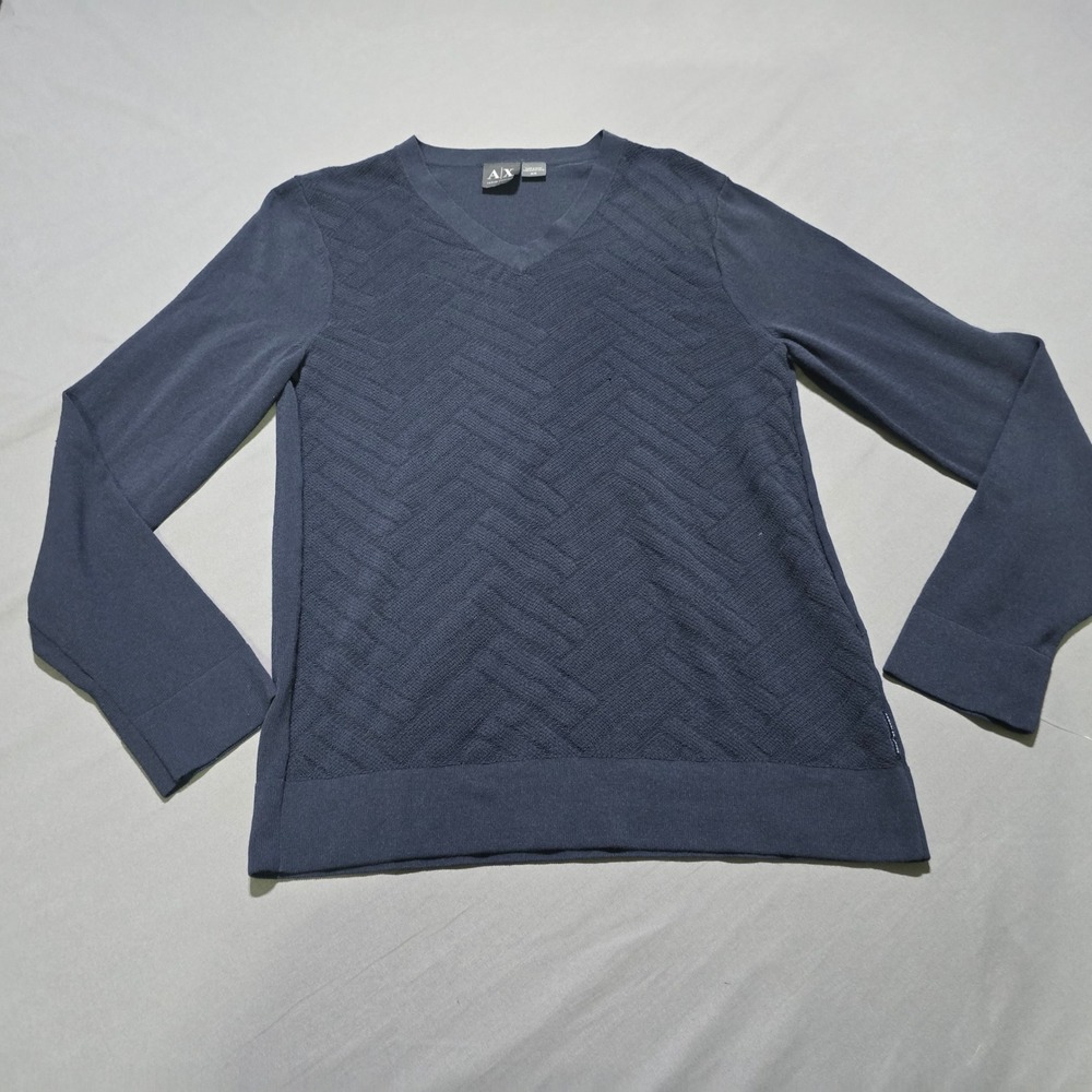 Armani Exchange Sweater Mens Medium Navy Blue Chevron Textured V-Neck